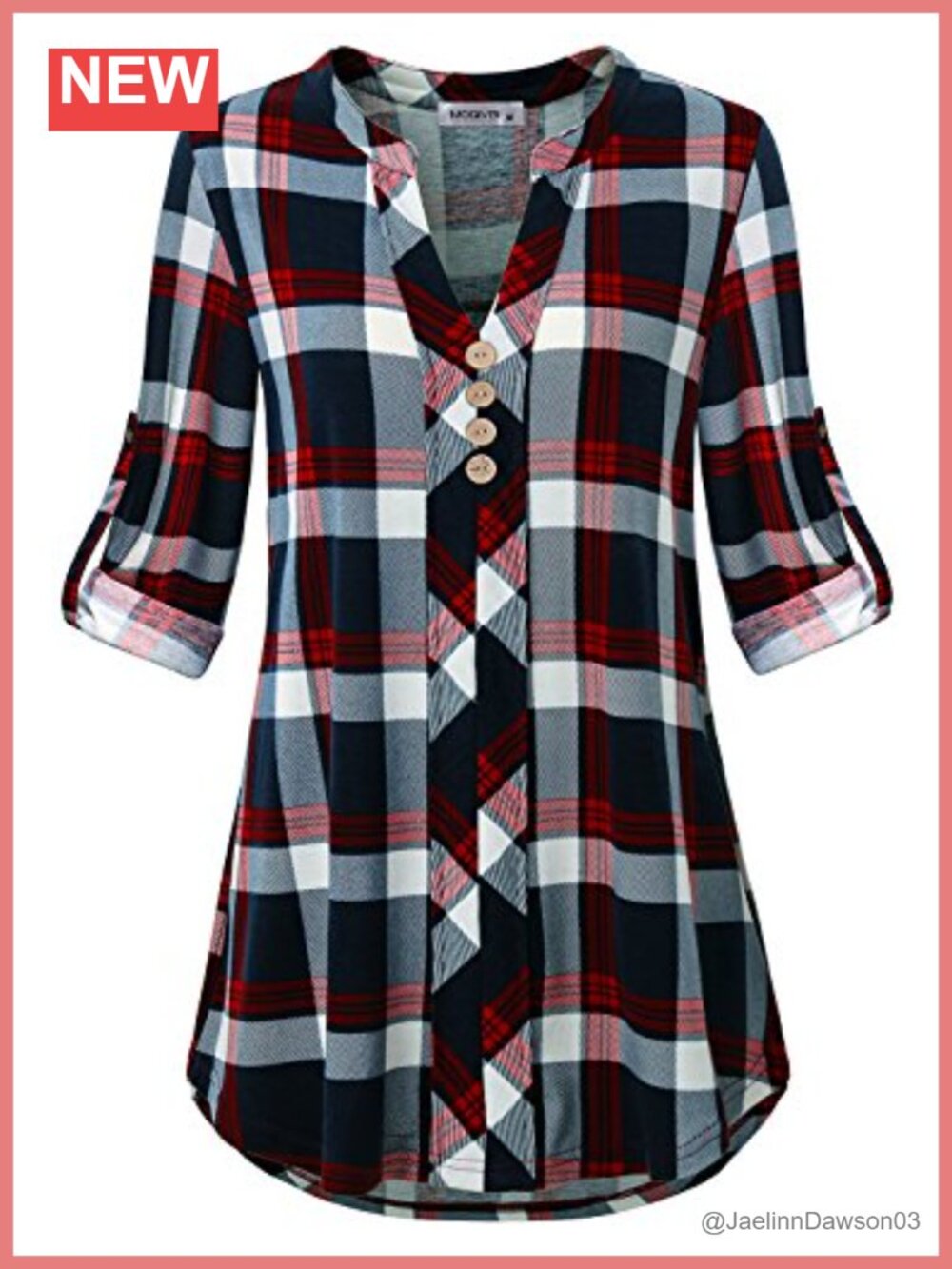 Womens Roll Tab Sleeve V Neck Plaid Tunic Blouse Button Down Top